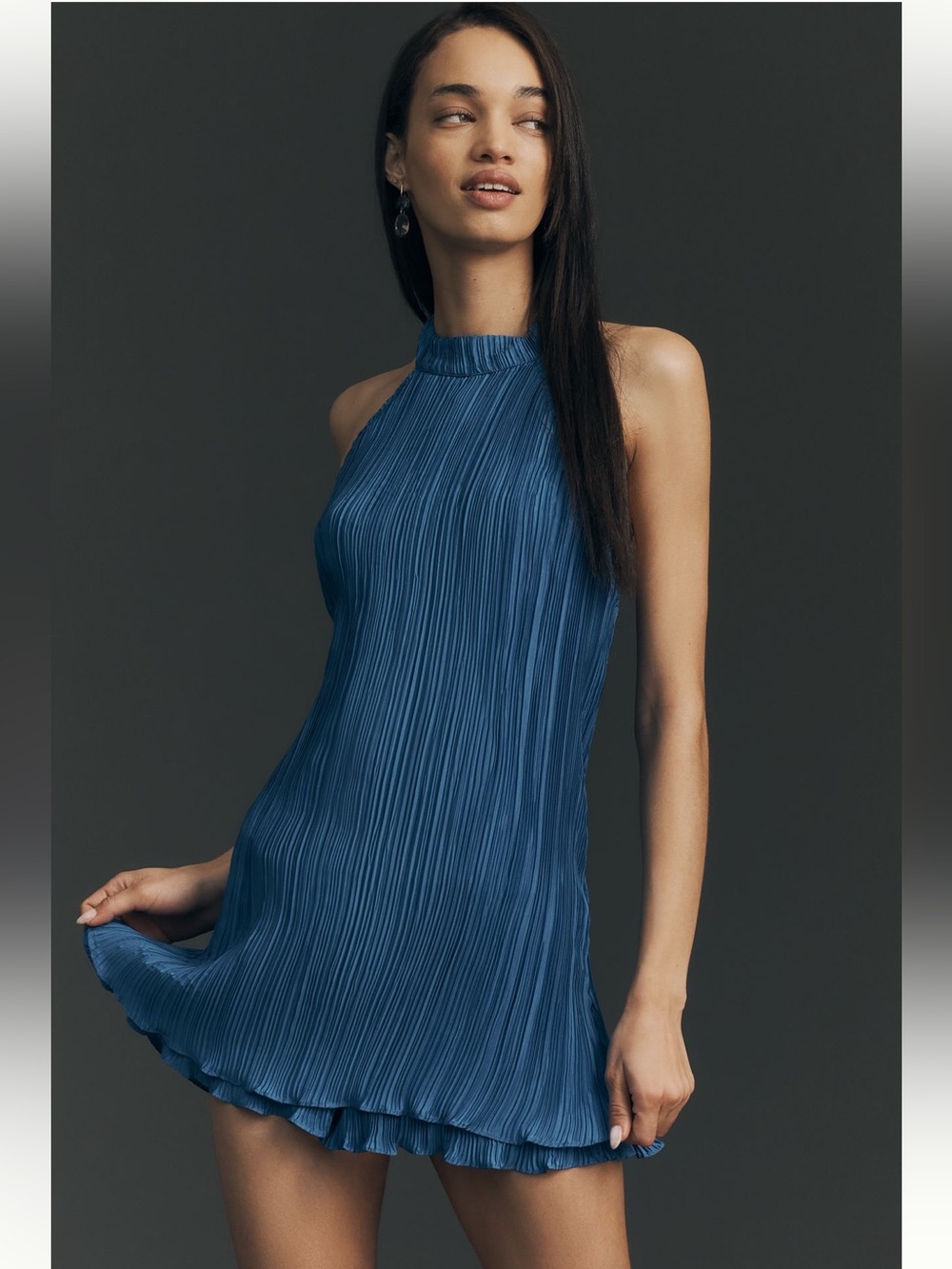 Anthropologie Pleated Halter Mini Dress in Deep Blue Chic Feminine Elegant 8